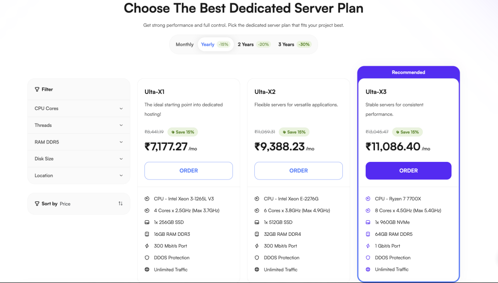UltaHost Dedicated Server India Plans