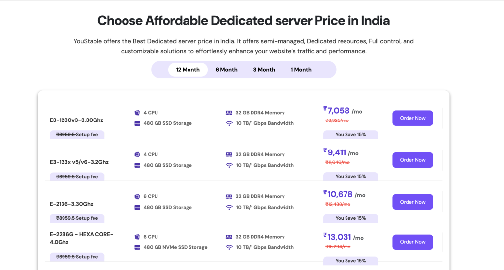 YouStable Affordable Dedicated server Price in India